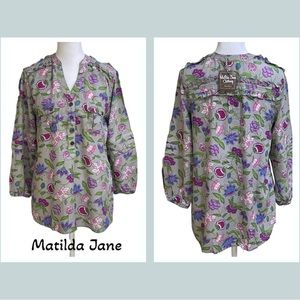 Matilda Jane Tunic Top XS Gray Pink Purple Blue Floral Pockets Cottagecore NWT